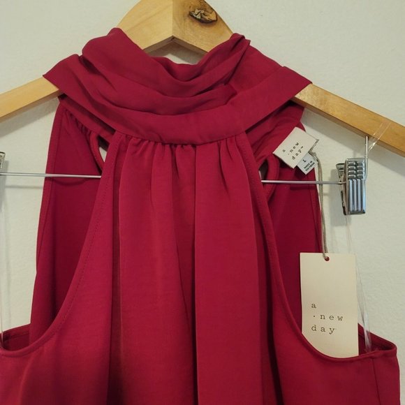 A New Day Womens NWT Satin Halter Top Magenta Pink Back Bow tie Blouse - Picture 3 of 10